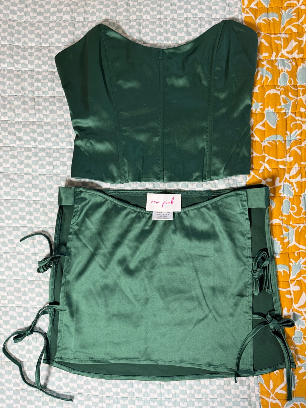 NWOT DOLSS KILL NEW PINK Green Satin Skirt Set with Tie Details & Corset Top